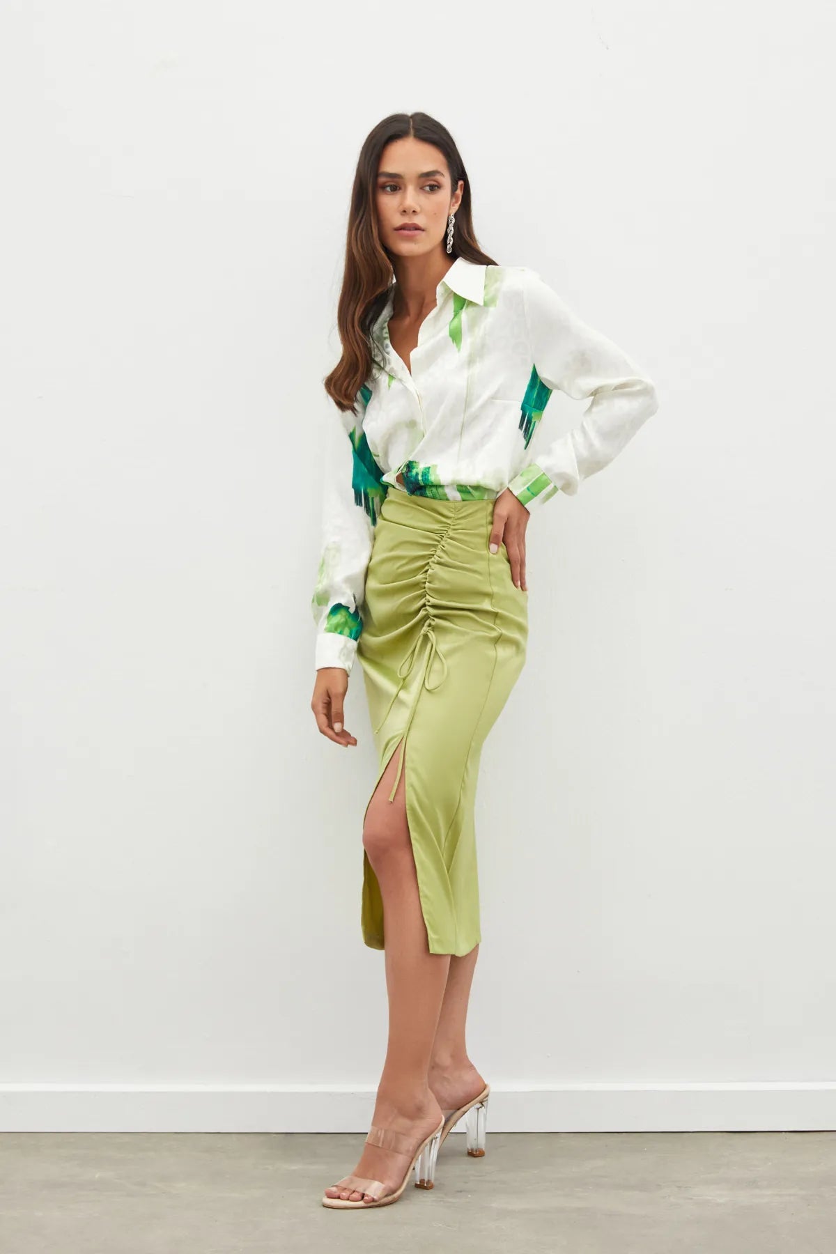 Satin Skirt with Gathered Detail - OIL GREEN - Lebbse