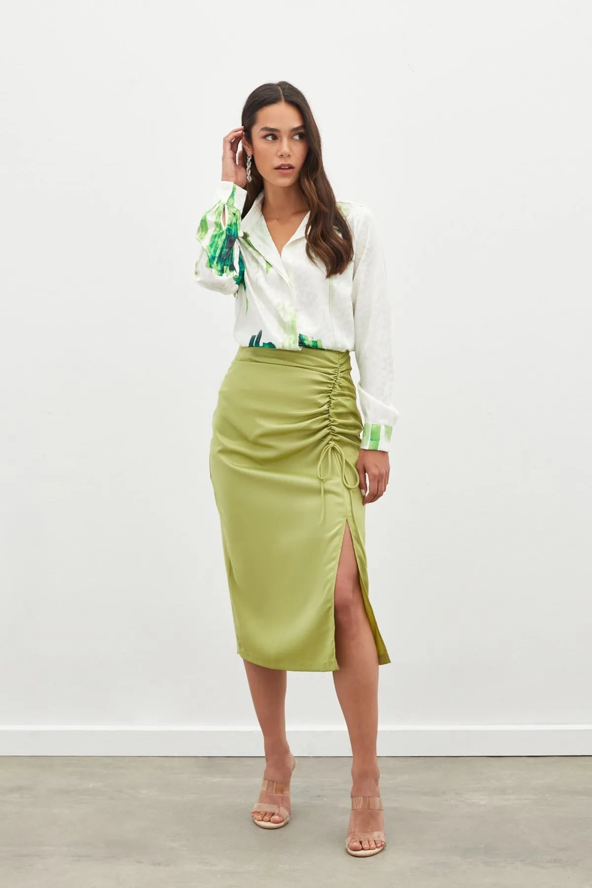 Satin Skirt with Gathered Detail - OIL GREEN - Lebbse