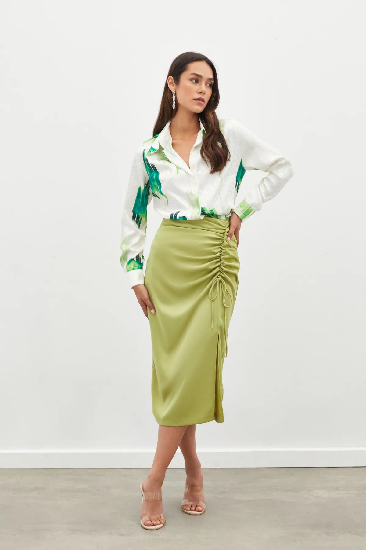 Satin Skirt with Gathered Detail - OIL GREEN - Lebbse