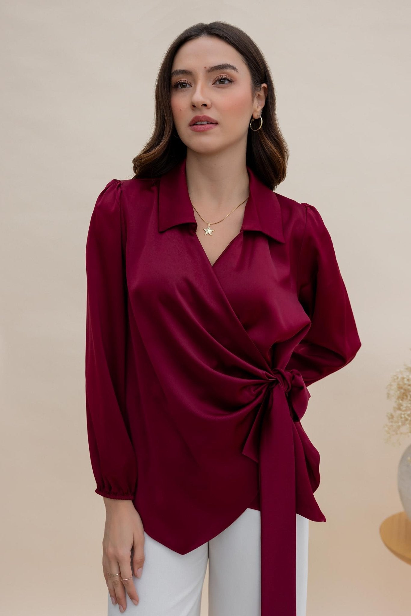 Satin Tied Blouse - CLARET RED - Lebbse