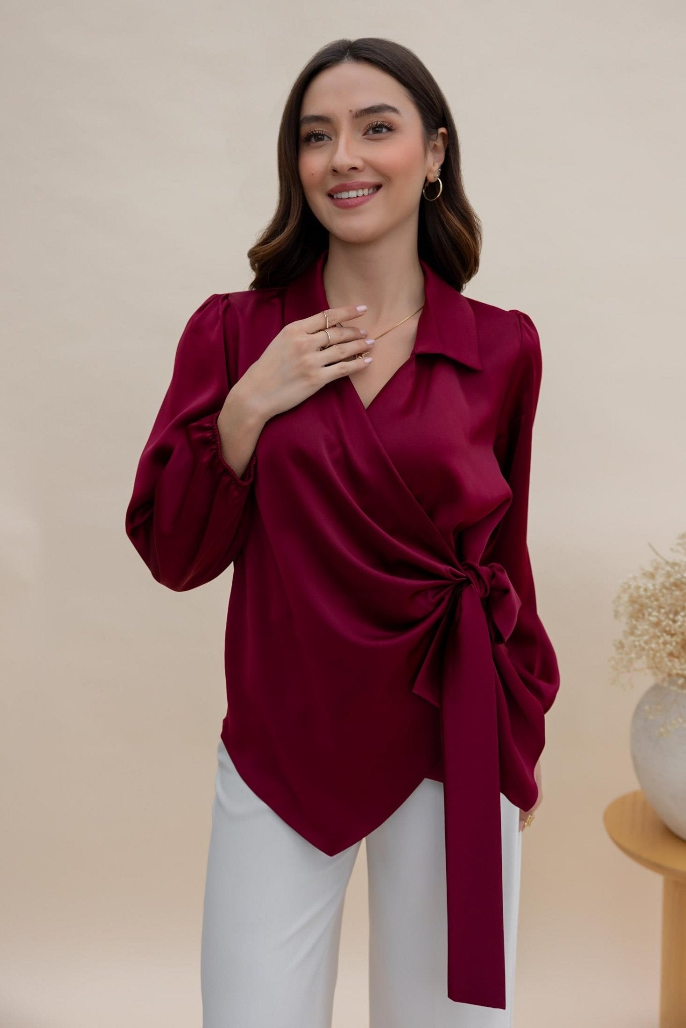 Satin Tied Blouse - CLARET RED - Lebbse