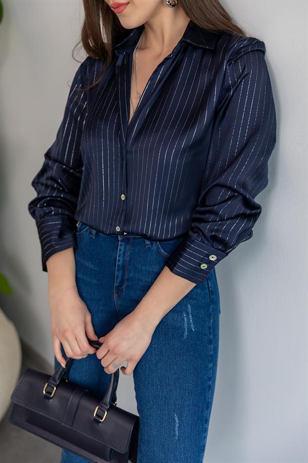 Shiny Striped Satin Shirt - NAVY BLUE - Lebbse