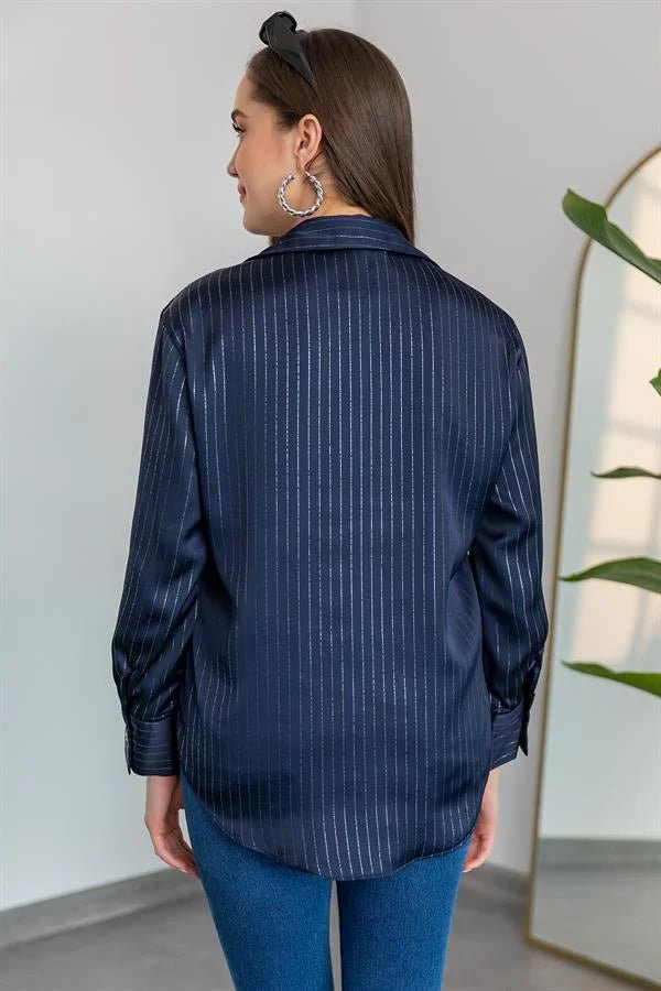 Shiny Striped Satin Shirt - NAVY BLUE - Lebbse