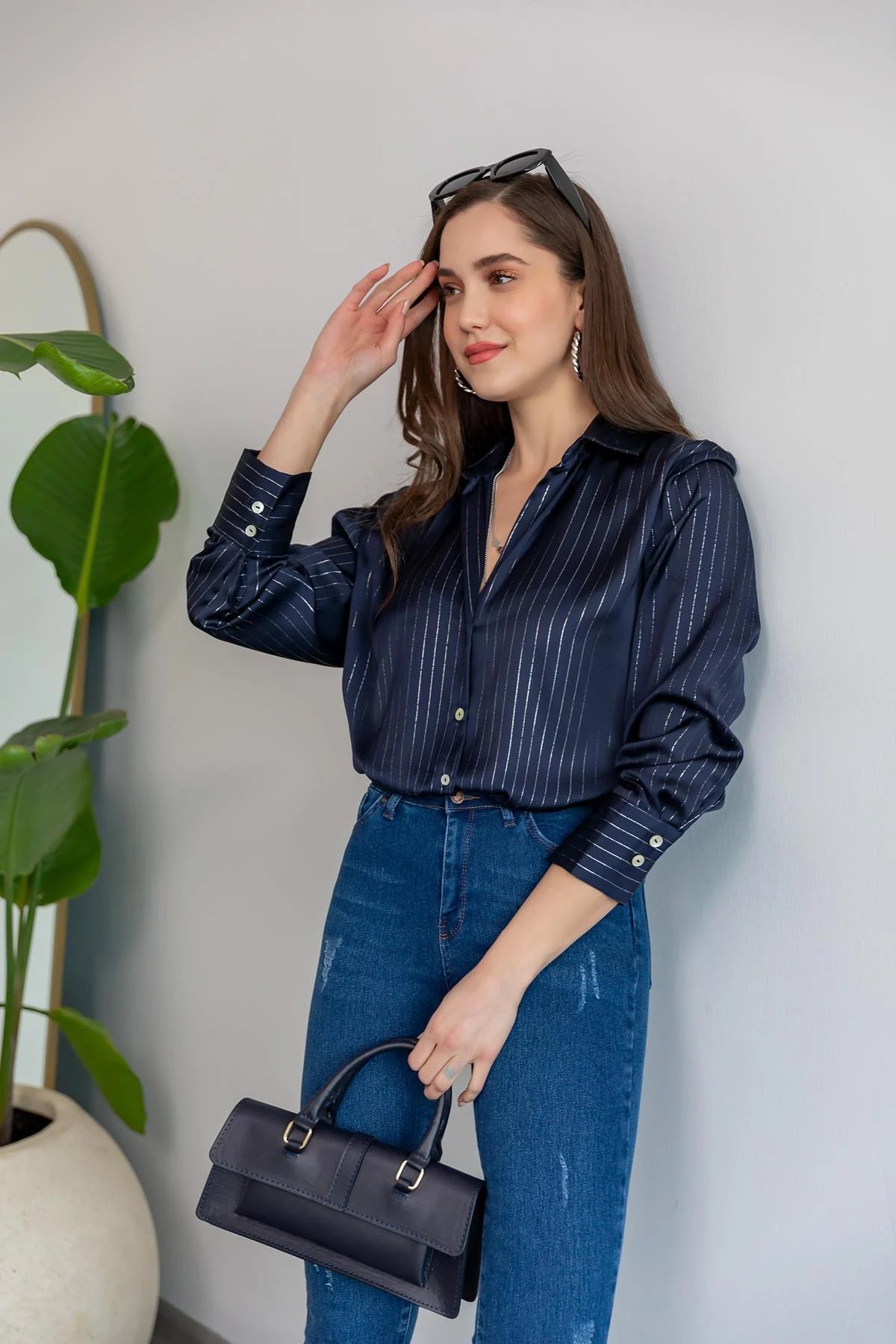 Shiny Striped Satin Shirt - NAVY BLUE - Lebbse