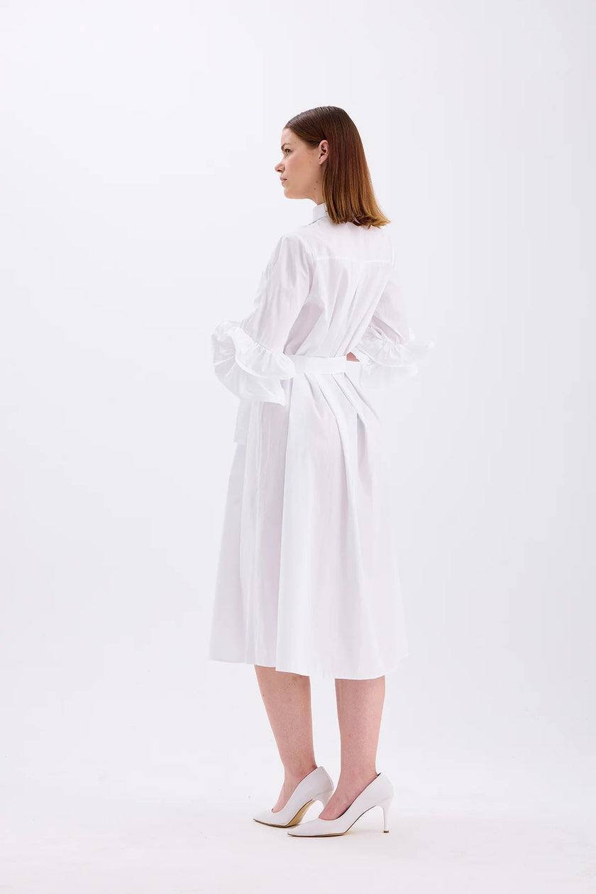 7- فستان ابيض ناعم طويل بياقة قميص - Shirt Collar Dress – White