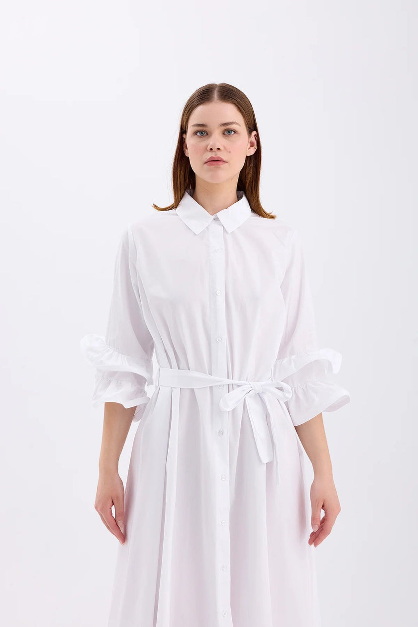 3- فستان ابيض ناعم طويل بياقة قميص - Shirt Collar Dress – White