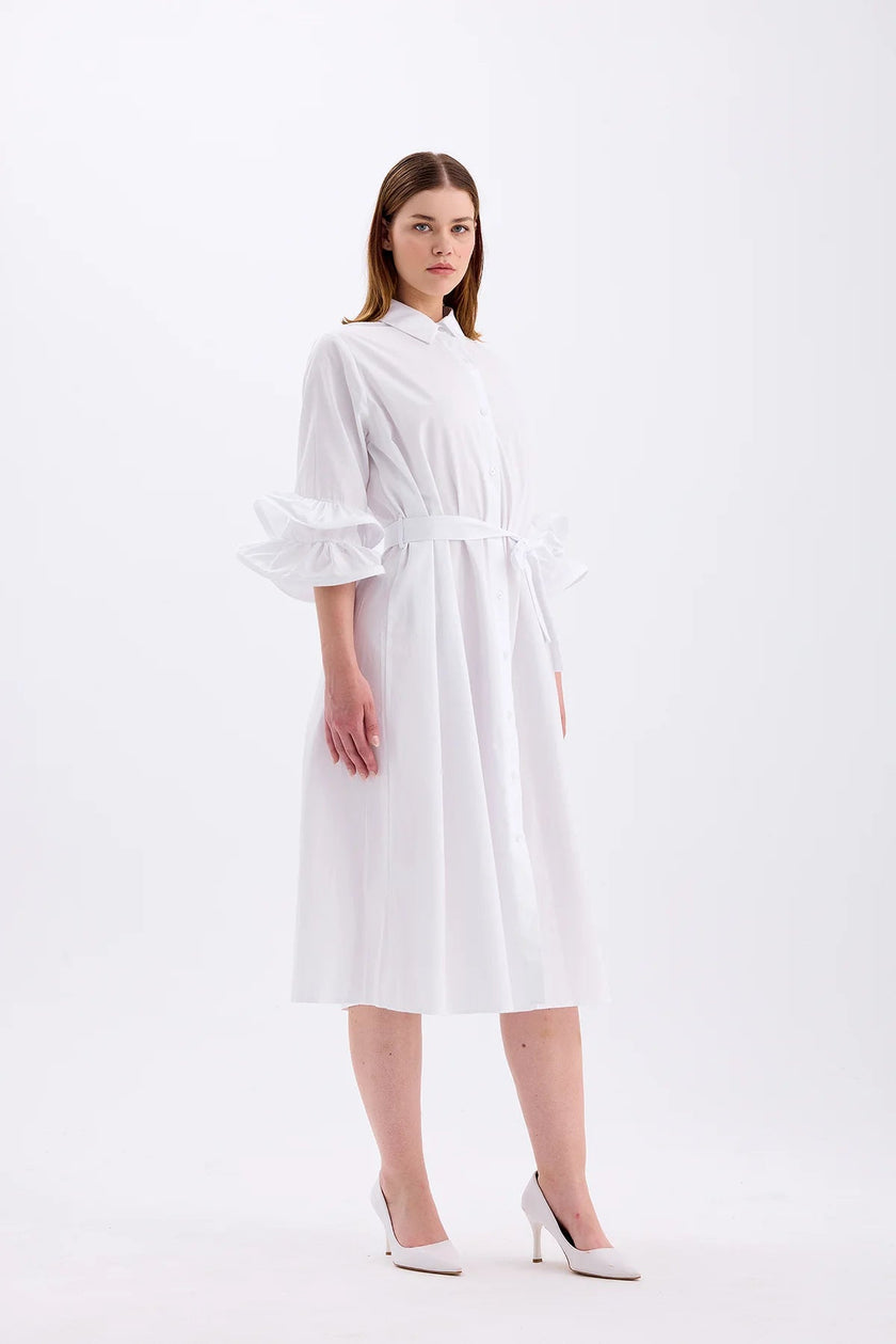 5- فستان ابيض ناعم طويل بياقة قميص - Shirt Collar Dress – White