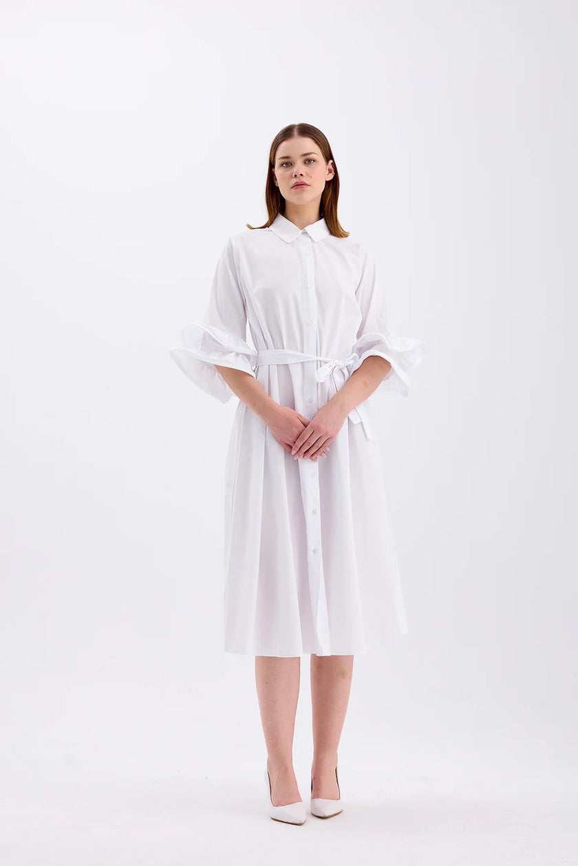 4- فستان ابيض ناعم طويل بياقة قميص - Shirt Collar Dress – White