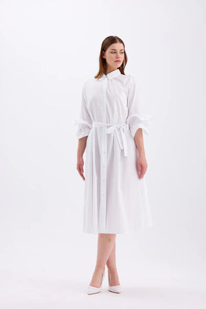 2- فستان ابيض ناعم طويل بياقة قميص - Shirt Collar Dress – White