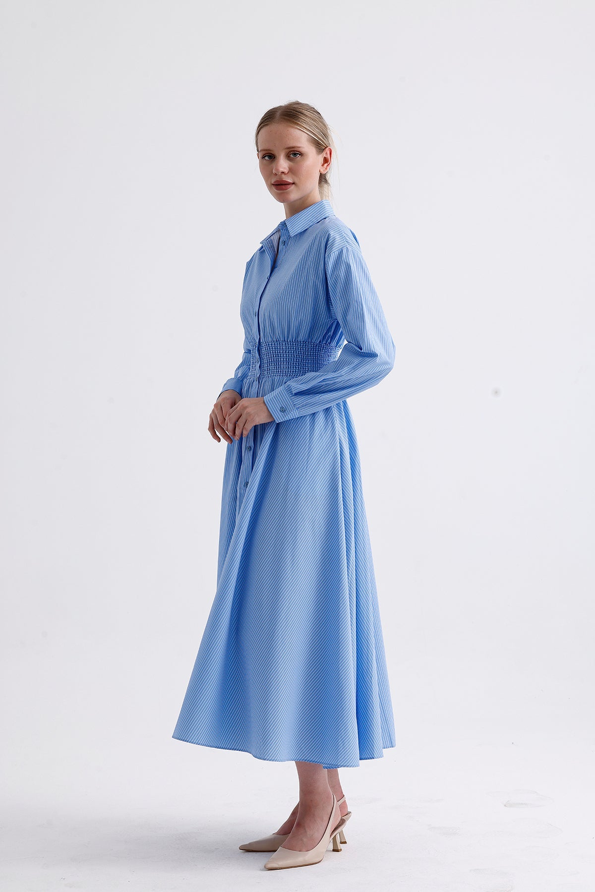 Shirt Collar Long Striped Dress Blue - Lebbse