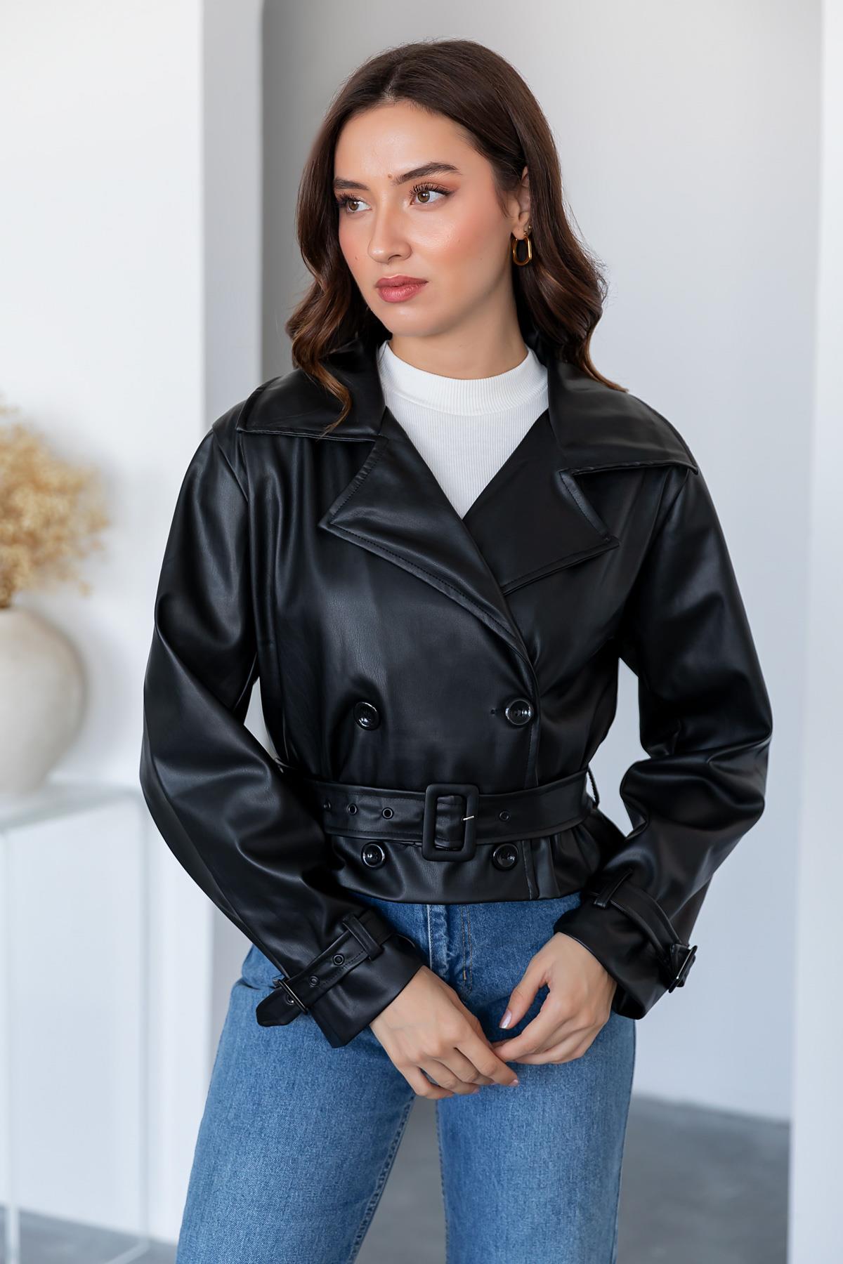 Short Leather Jacket - BLACK - Lebbse