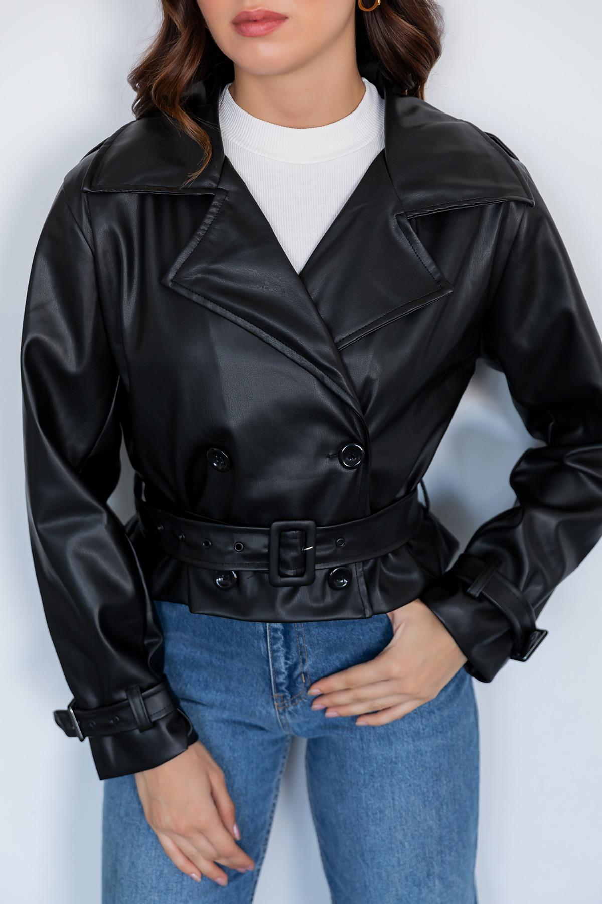 Short Leather Jacket - BLACK - Lebbse