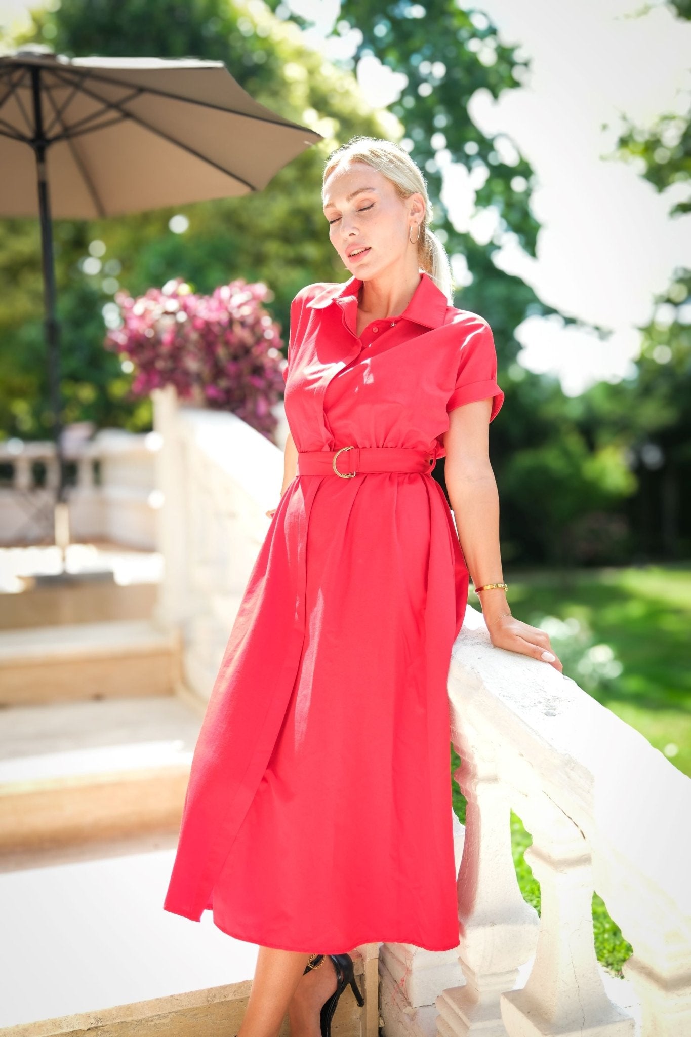 Short Sleeve Belted Dress Red - Lebbse