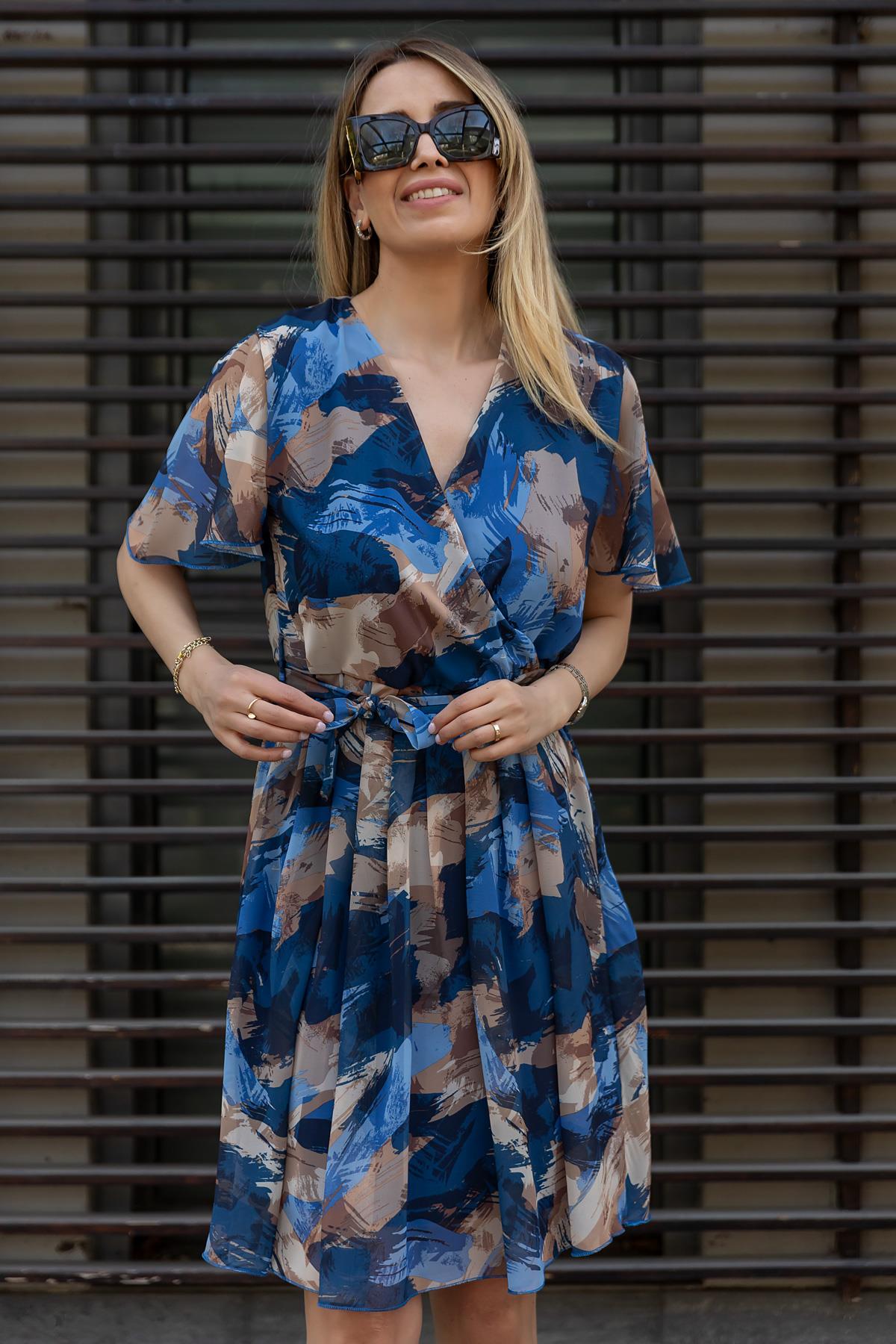 Short Sleeve Chiffon Dress - BLUE - Lebbse