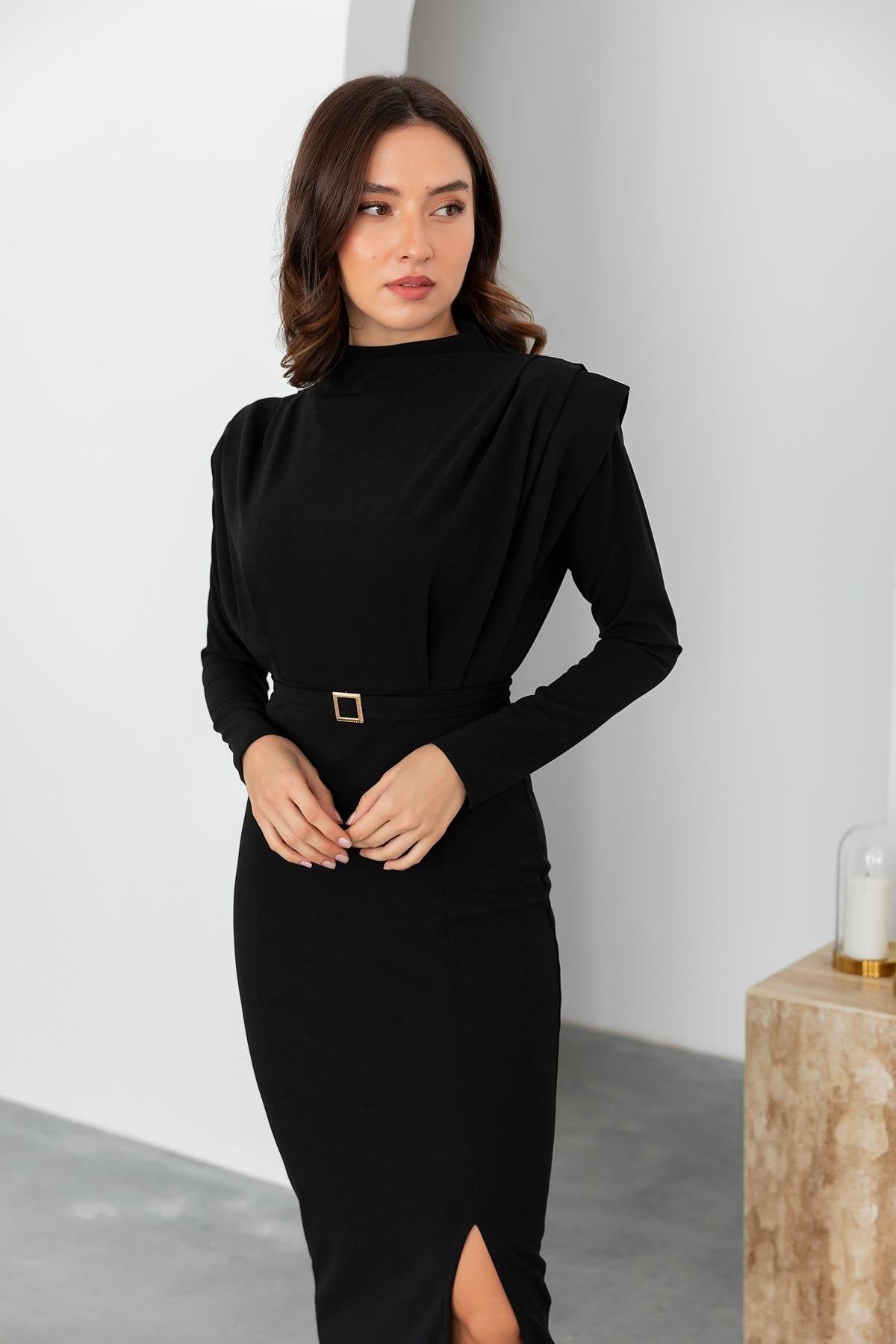 Shoulder Padded Belted Dress - BLACK - Lebbse