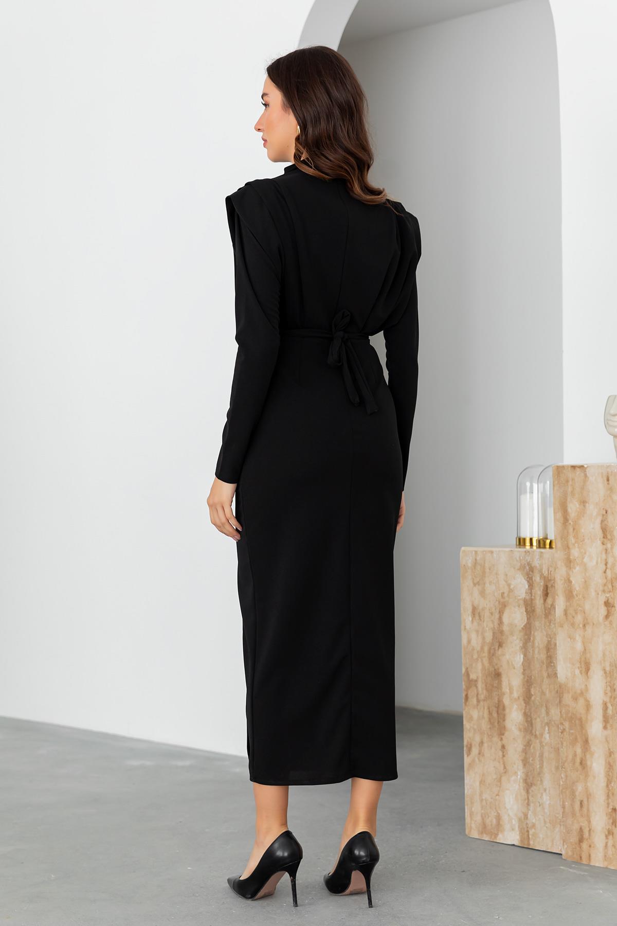 Shoulder Padded Belted Dress - BLACK - Lebbse