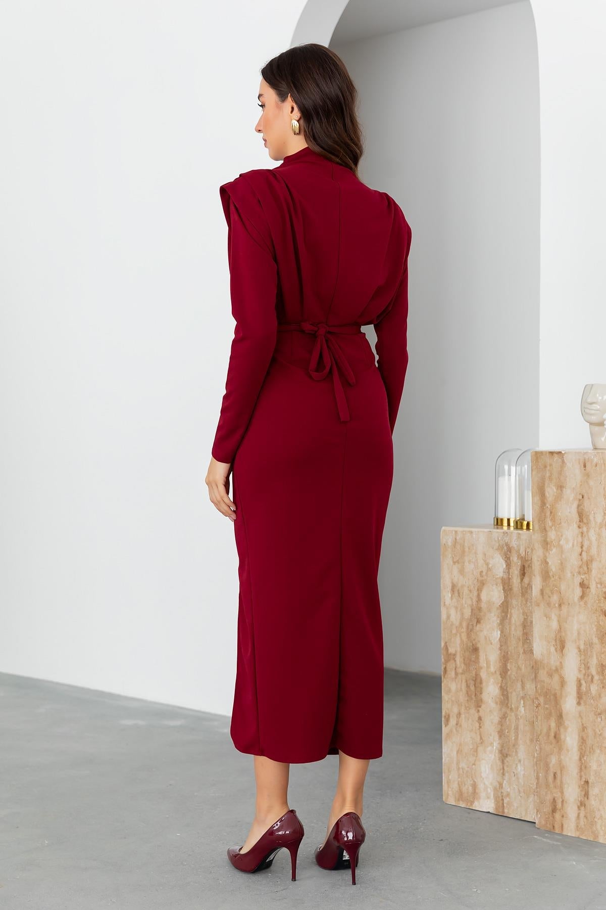 Shoulder Padded Belted Dress - CLARET RED - Lebbse