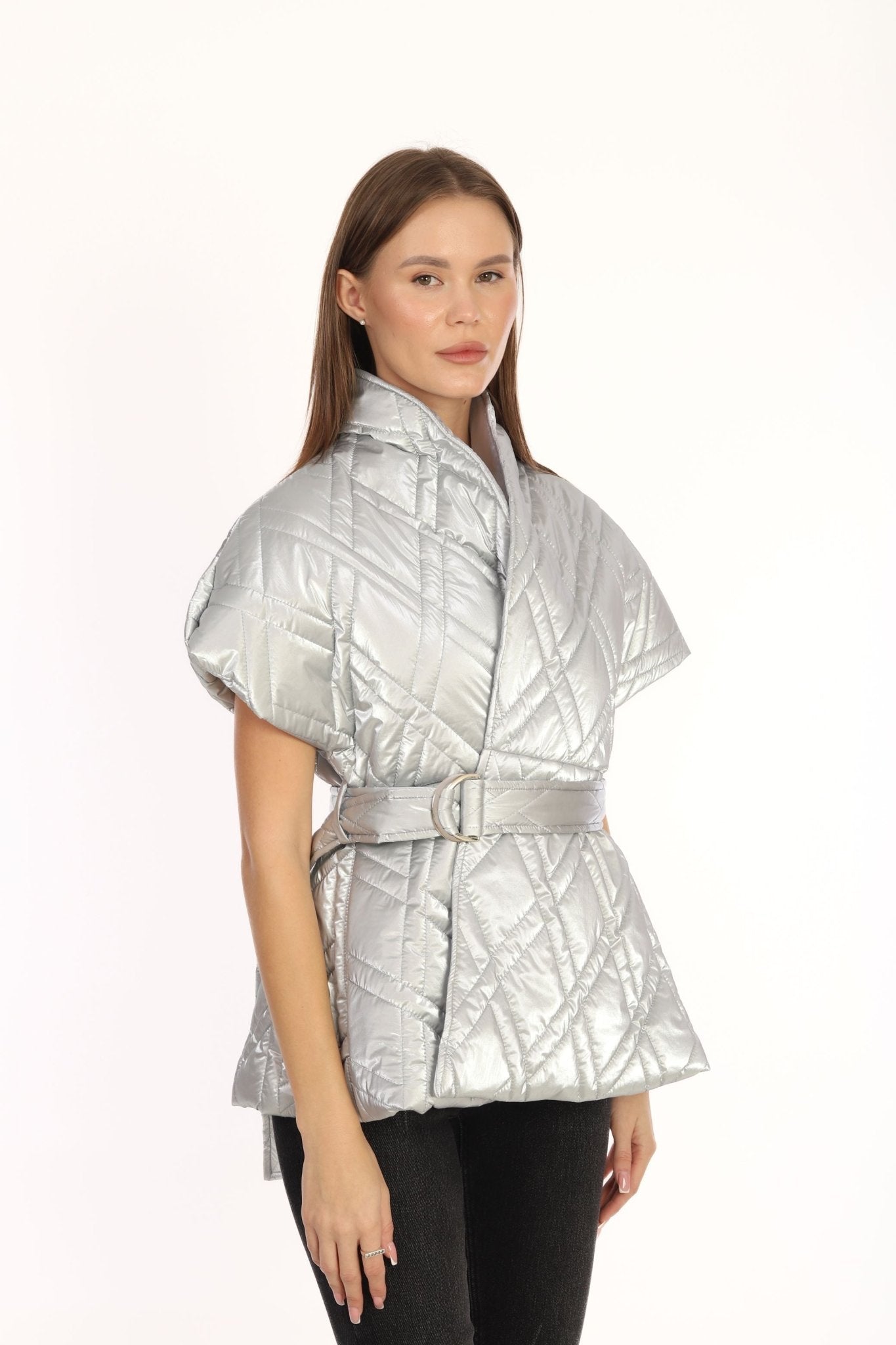 Silver Sleeveless Belted Vest - Lebbse