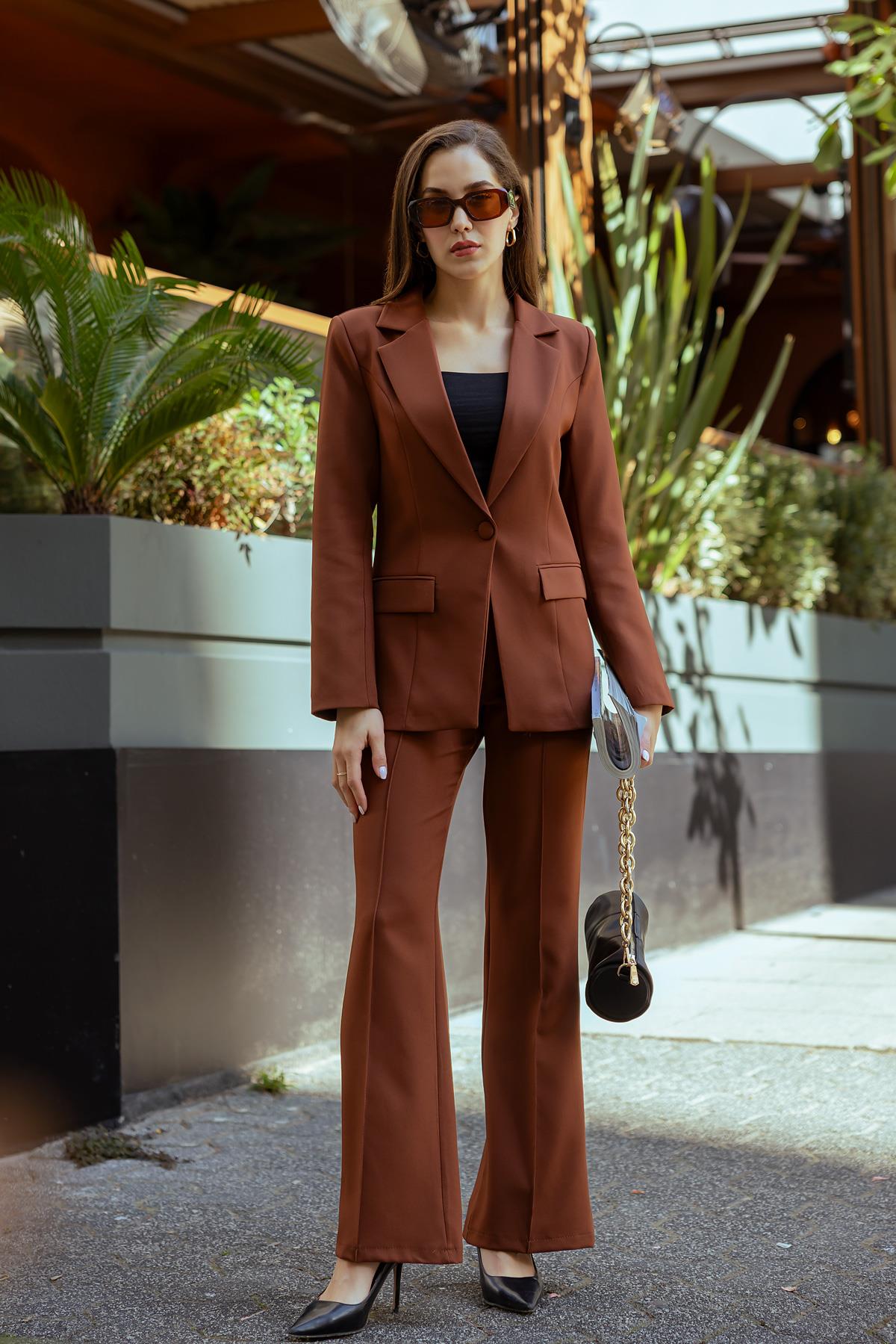 Single Button Jacket Set - BROWN - Lebbse