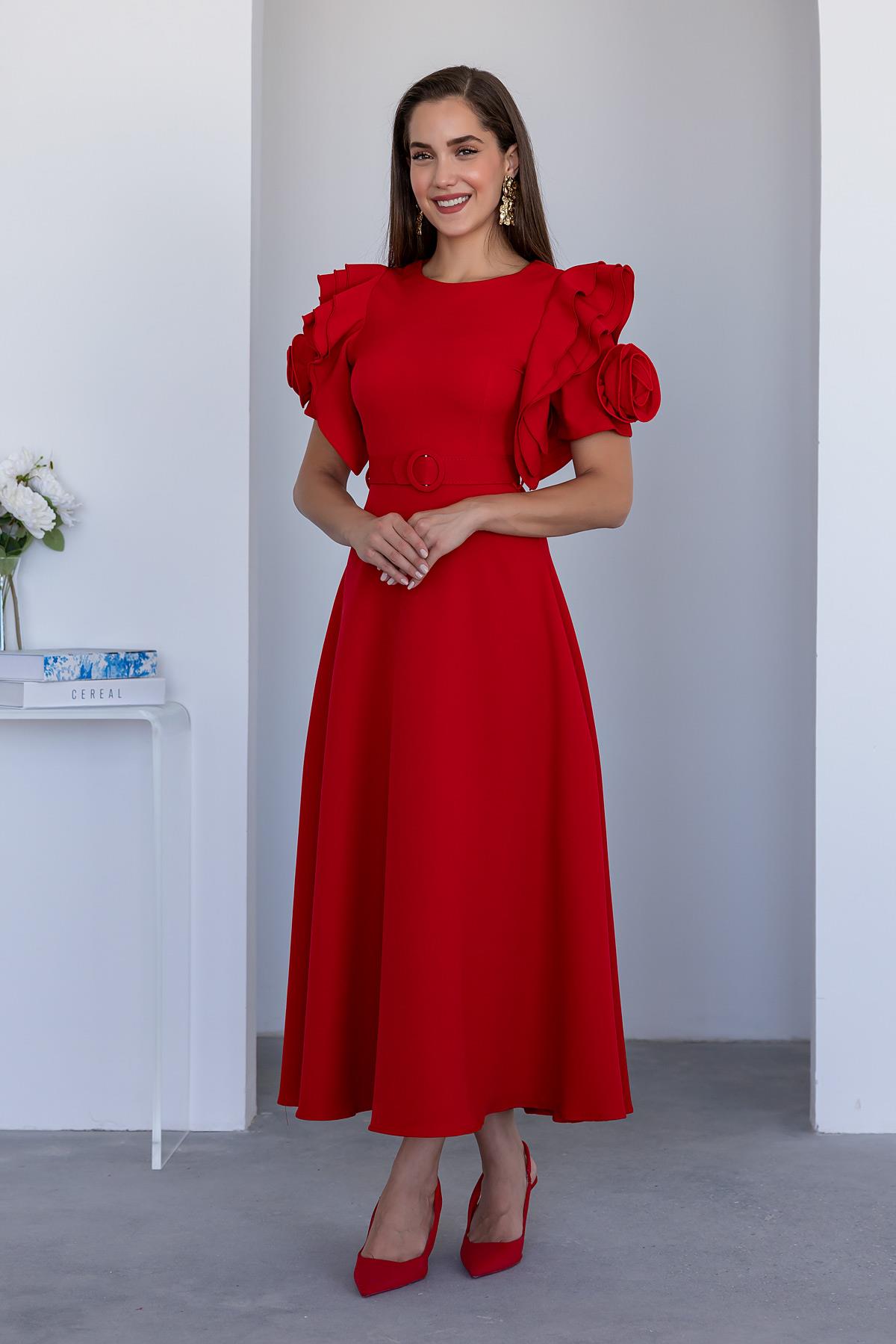 Sleeve Design Belted Dress - RED - Lebbse