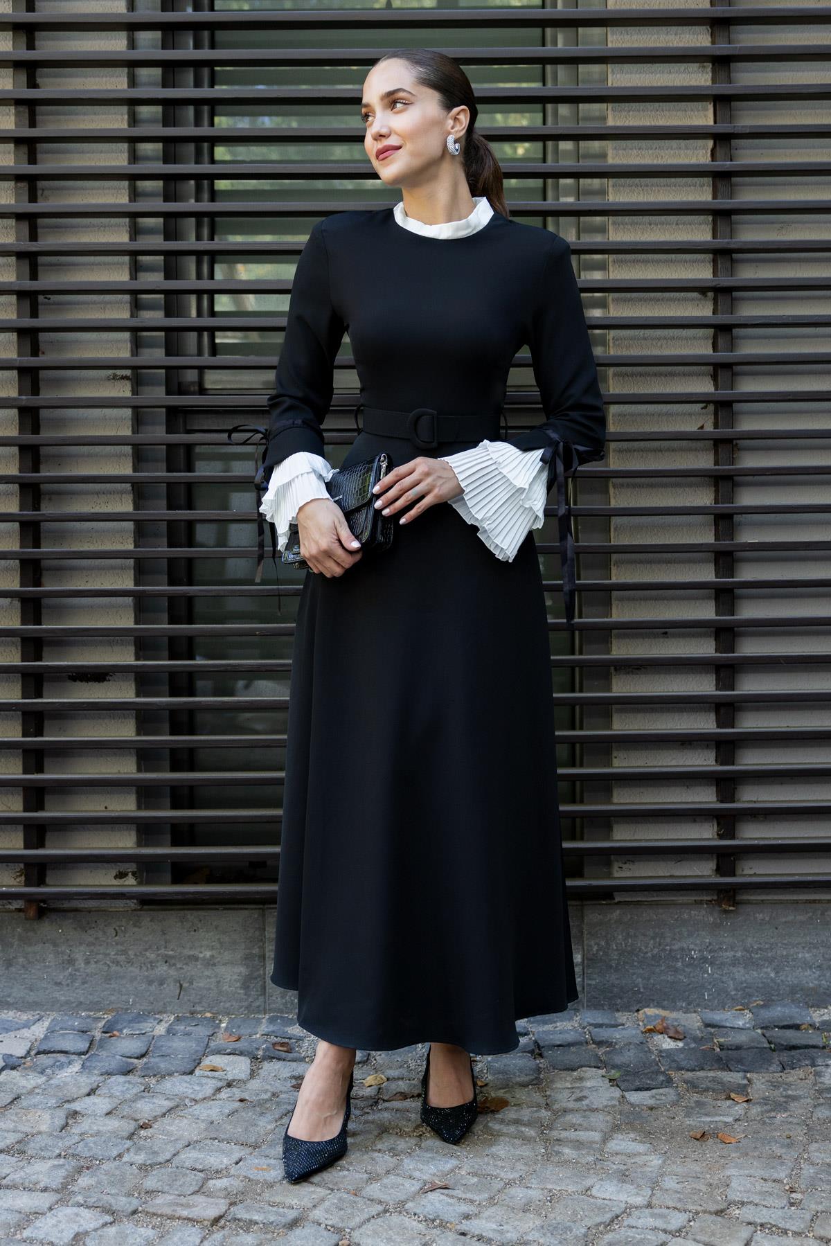 Sleeve Pleated Long Dress - BLACK - Lebbse