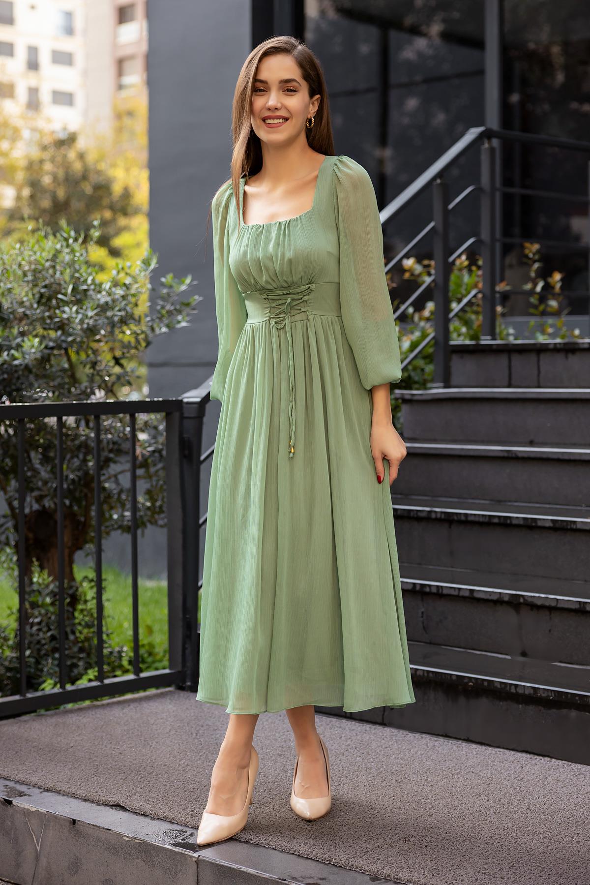 Square Neck Midi Tulle Dress - GREEN - Lebbse