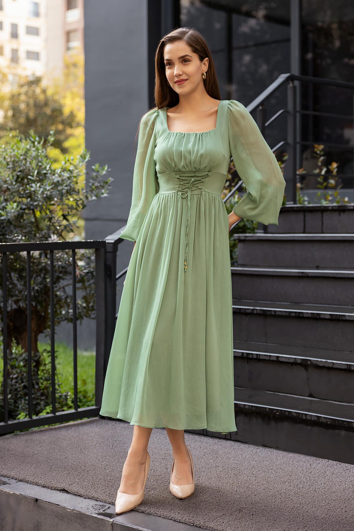 Square Neck Midi Tulle Dress - GREEN - Lebbse