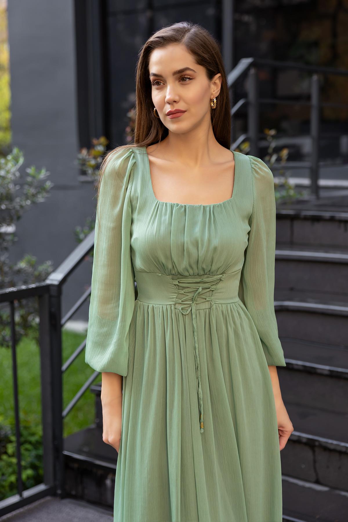 Square Neck Midi Tulle Dress - GREEN - Lebbse