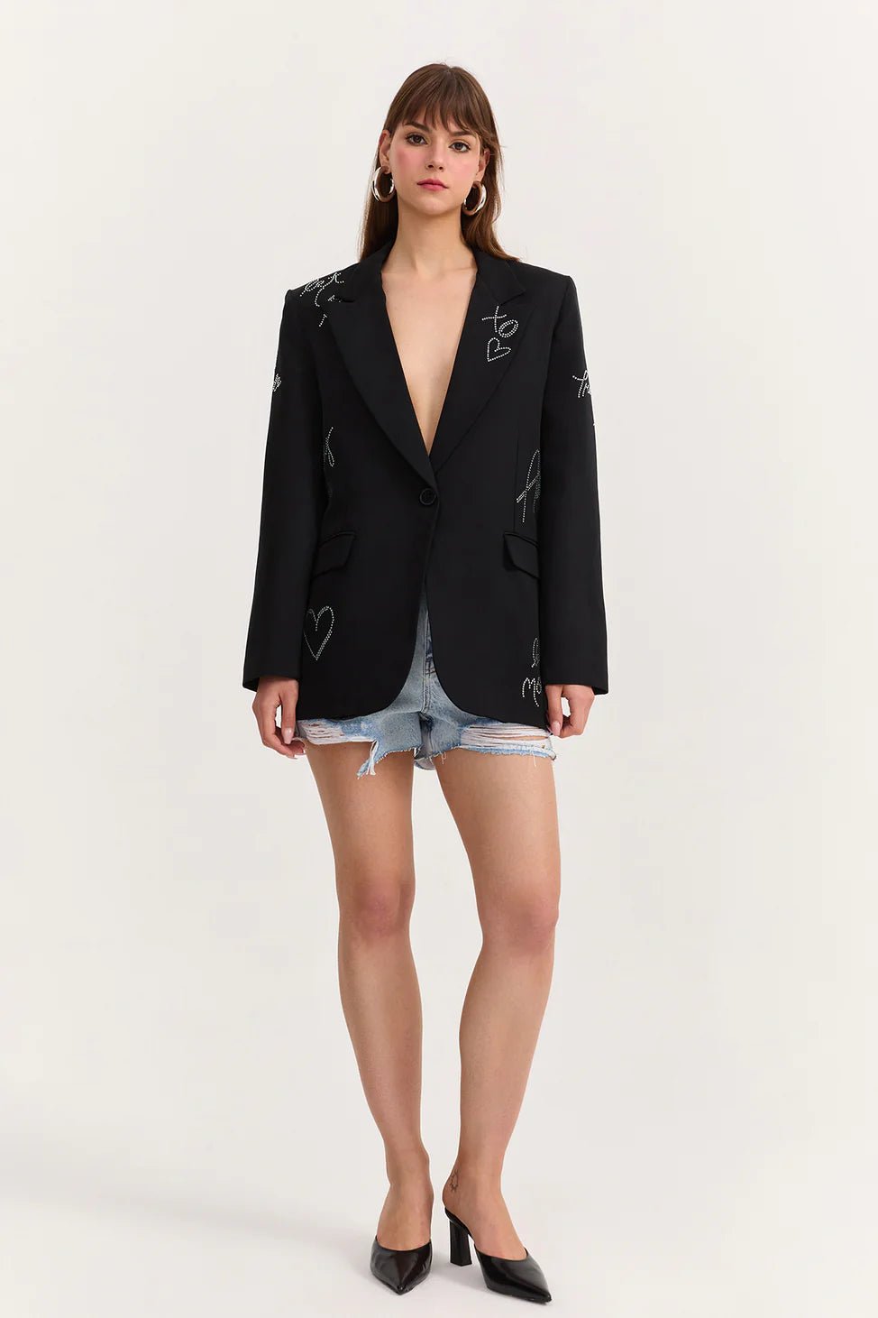 3- بليزر اسود نسائي سترة مع إكسسوارات حجرية شكل قلب - Stone Accessory Heart Blazer Jacket Black