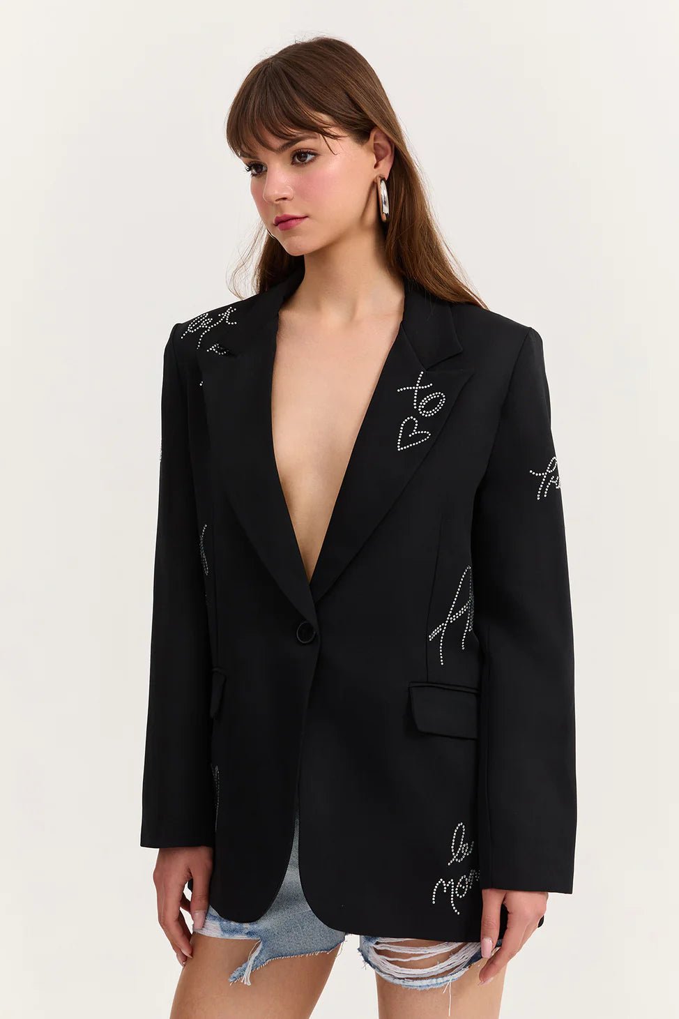 2- بليزر اسود نسائي سترة مع إكسسوارات حجرية شكل قلب - Stone Accessory Heart Blazer Jacket Black