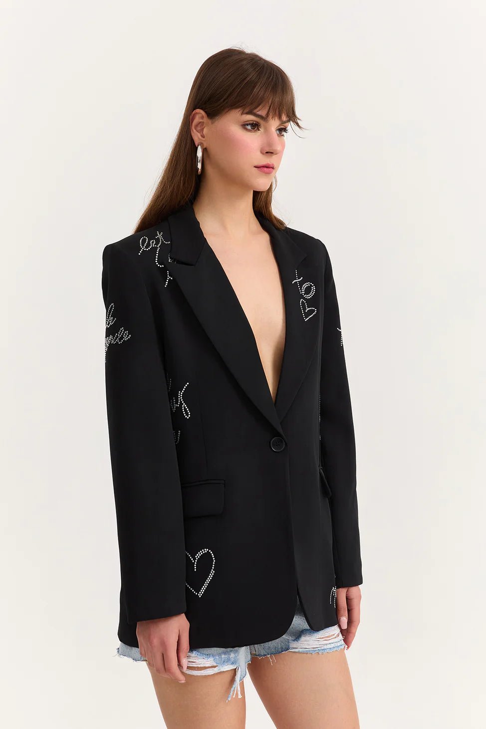 بليزر اسود نسائي سترة مع إكسسوارات حجرية شكل قلب - Stone Accessory Heart Blazer Jacket Black