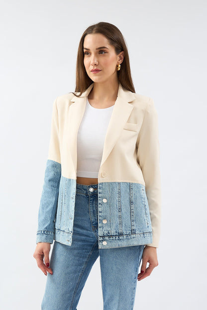 Stone Double Breasted Collar Piece Jean Stitched Blazer Jacket - Lebbse