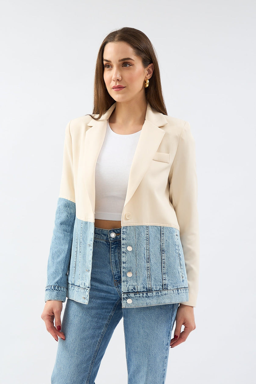 4- جاكيت جينز نسائى القماش سترة بليزر خياطة مزدوجة صدر - Stone Double Breasted Collar Piece Jean Stitched Blazer Jacket