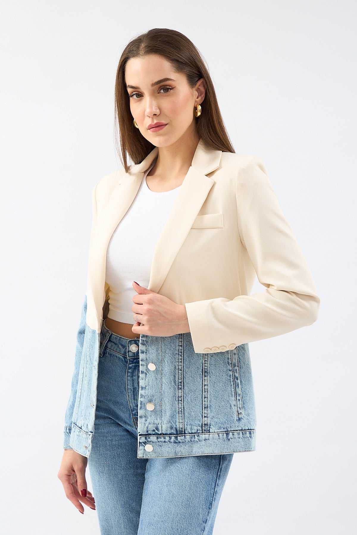 Stone Double Breasted Collar Piece Jean Stitched Blazer Jacket | Jackets & Blazers | November Vibes | Lebbse Stone Double Breasted Collar Piece Jean Stitched Blazer Jacket | Jackets & Blazers | November Vibes | Lebbse