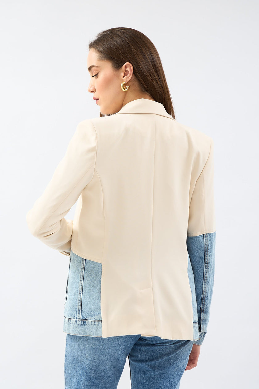 5- جاكيت جينز نسائى القماش سترة بليزر خياطة مزدوجة صدر - Stone Double Breasted Collar Piece Jean Stitched Blazer Jacket