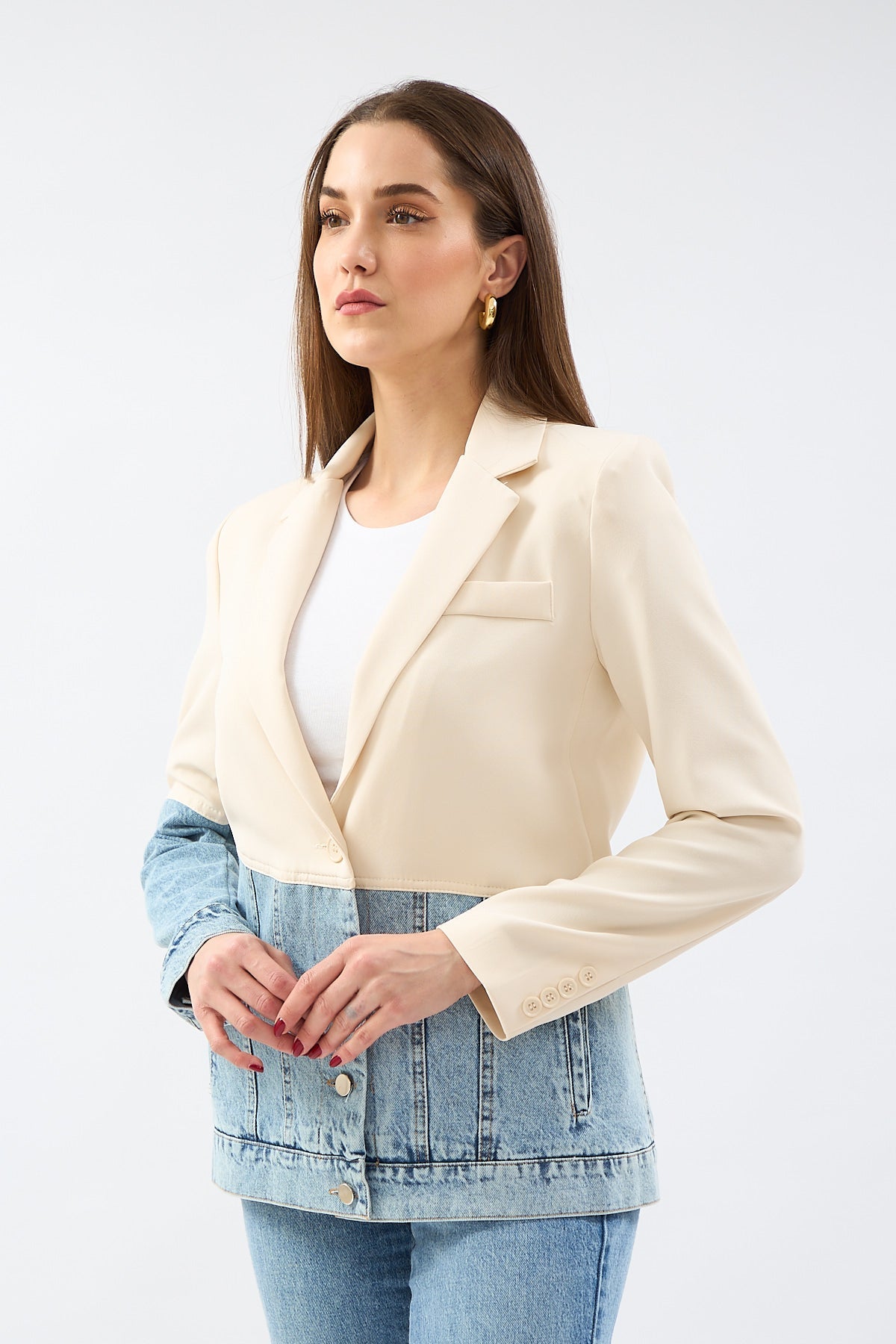 Stone Double Breasted Collar Piece Jean Stitched Blazer Jacket | Jackets & Blazers | November Vibes | Lebbse Stone Double Breasted Collar Piece Jean Stitched Blazer Jacket | Jackets & Blazers | November Vibes | Lebbse