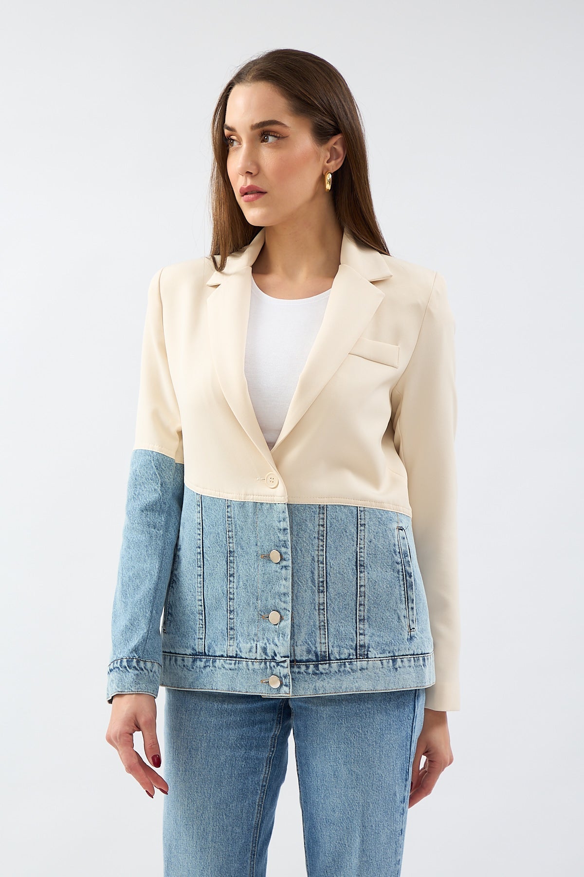 Stone Double Breasted Collar Piece Jean Stitched Blazer Jacket | Jackets & Blazers | November Vibes | Lebbse Stone Double Breasted Collar Piece Jean Stitched Blazer Jacket | Jackets & Blazers | November Vibes | Lebbse