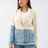 جاكيت جينز نسائى القماش سترة بليزر خياطة مزدوجة صدر - Stone Double Breasted Collar Piece Jean Stitched Blazer Jacket