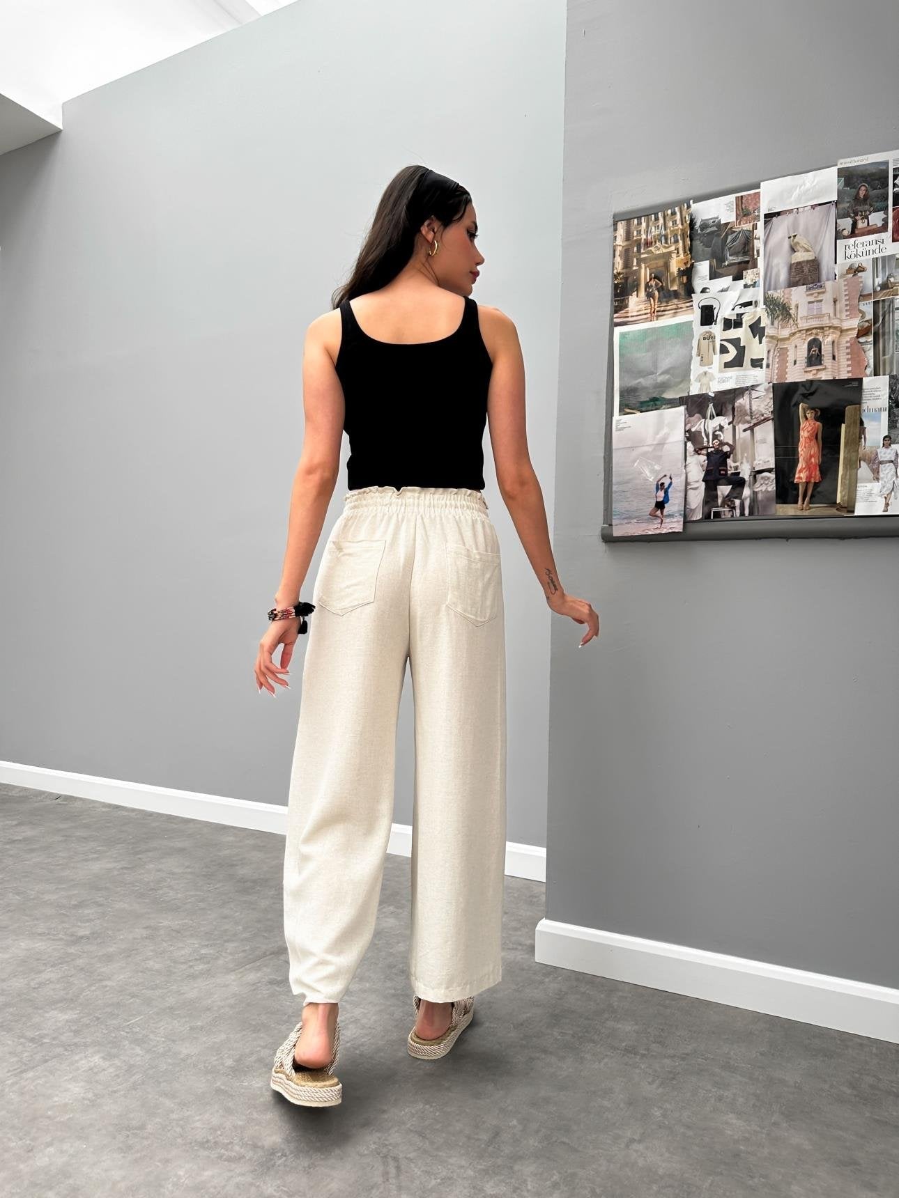 STONE EMBROIDERED LINEN CASUAL TROUSERS - Lebbse