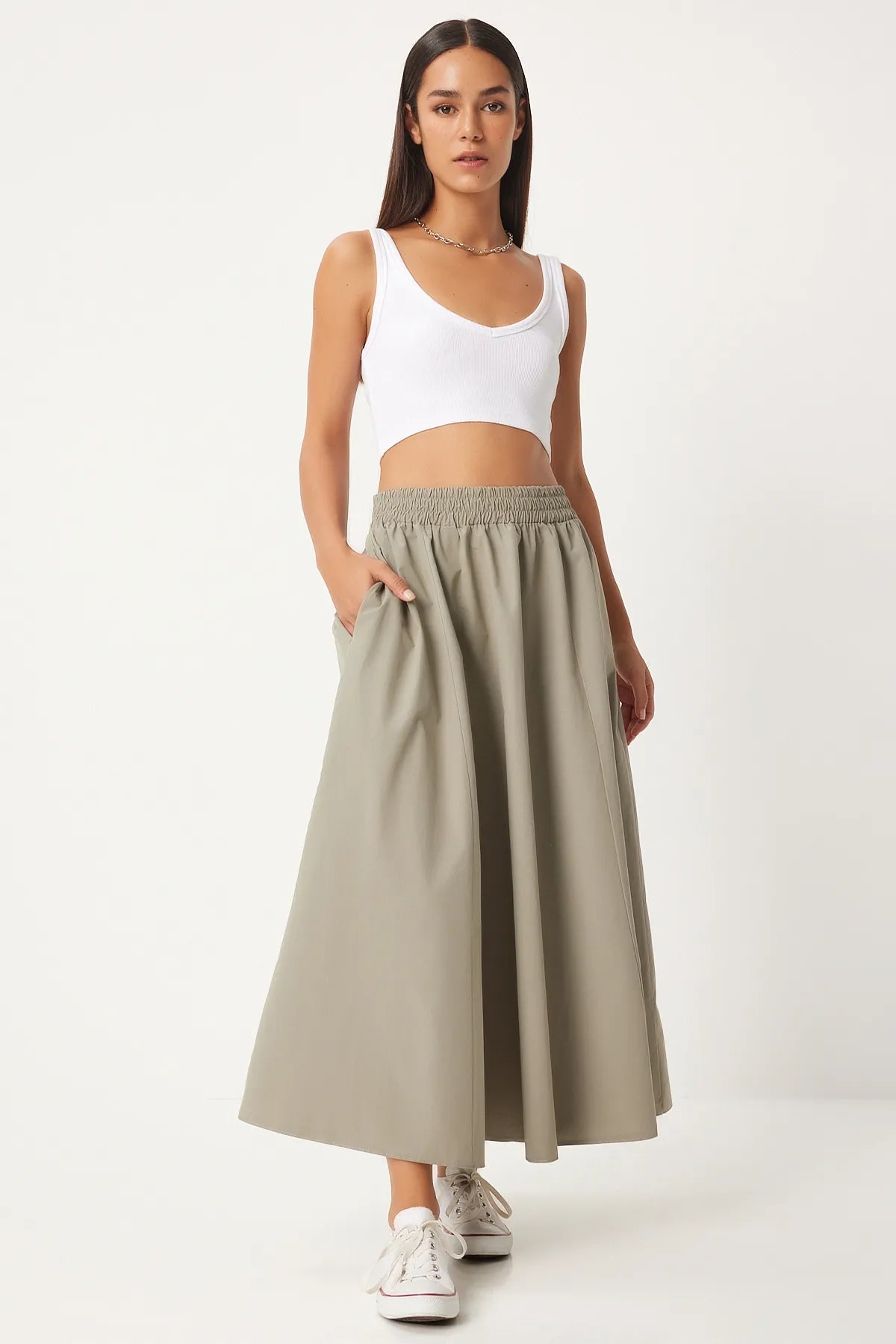 Stone Gray Linen Blend Maxi Skirt - Lebbse