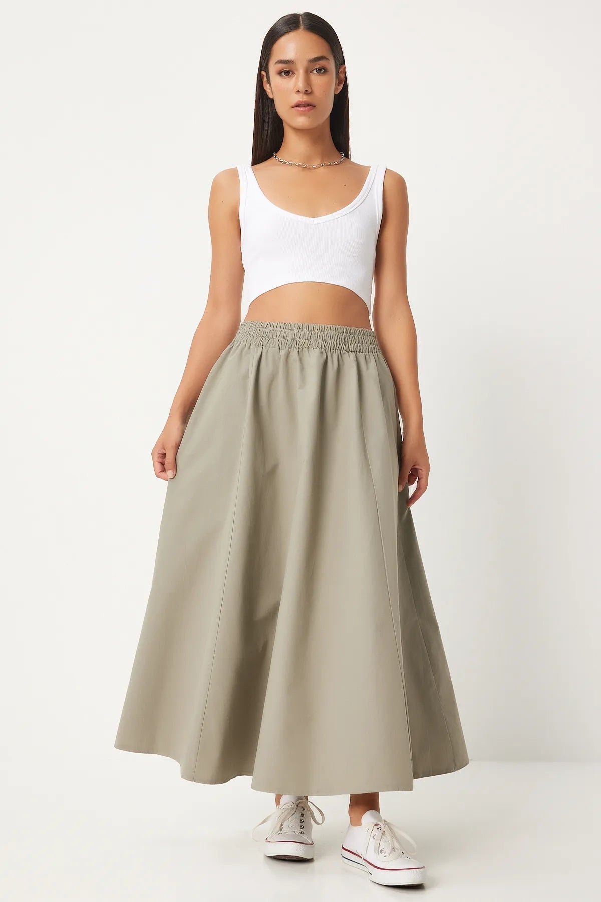 Stone Gray Linen Blend Maxi Skirt - Lebbse