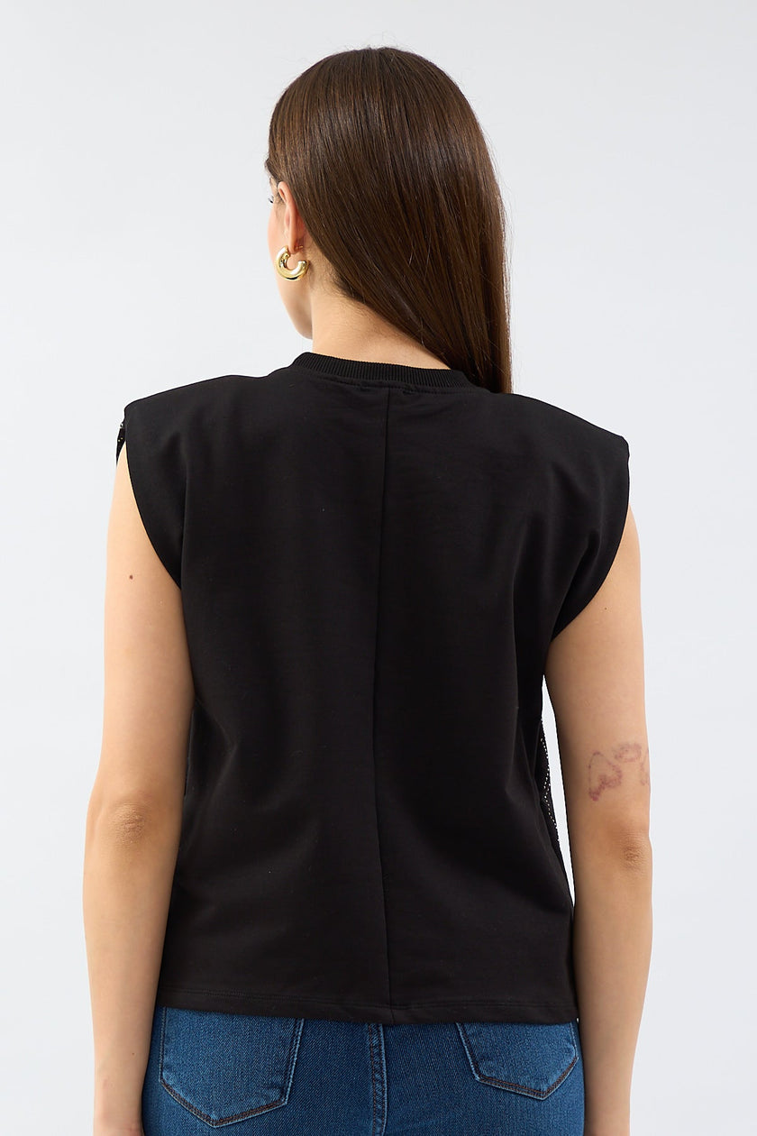 Stone Printed Padded Sleeveless Blouse Black - Lebbse