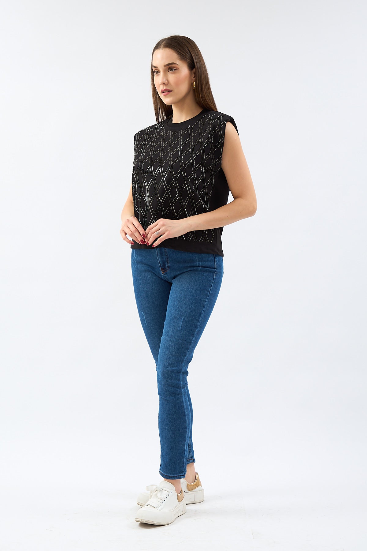 Stone Printed Padded Sleeveless Blouse Black - Lebbse