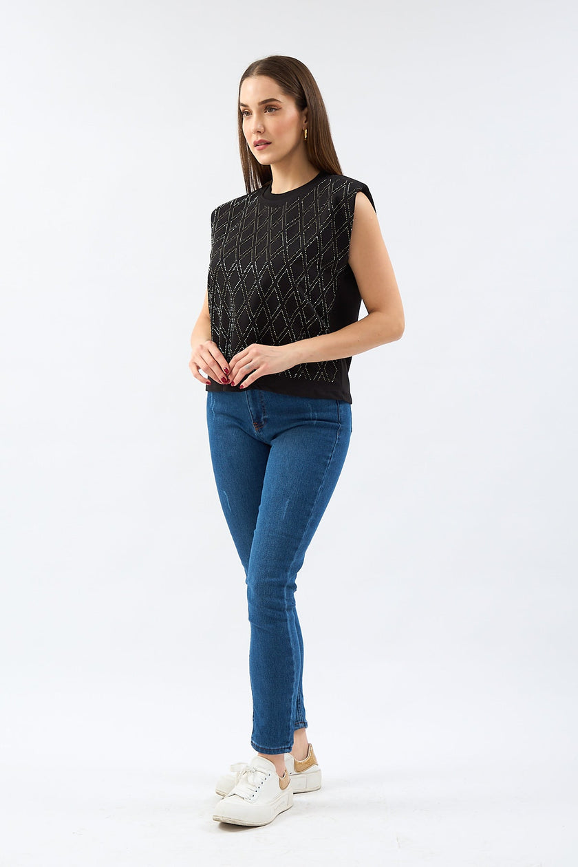 Stone Printed Padded Sleeveless Blouse Black - Lebbse