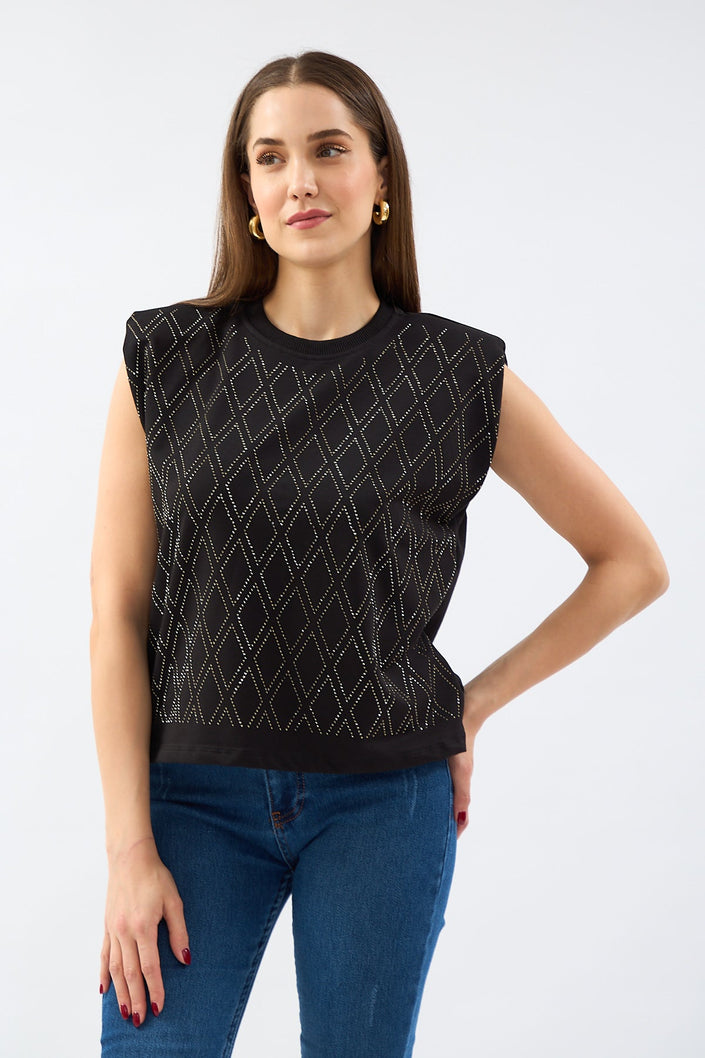 Stone Printed Padded Sleeveless Blouse Black - Lebbse