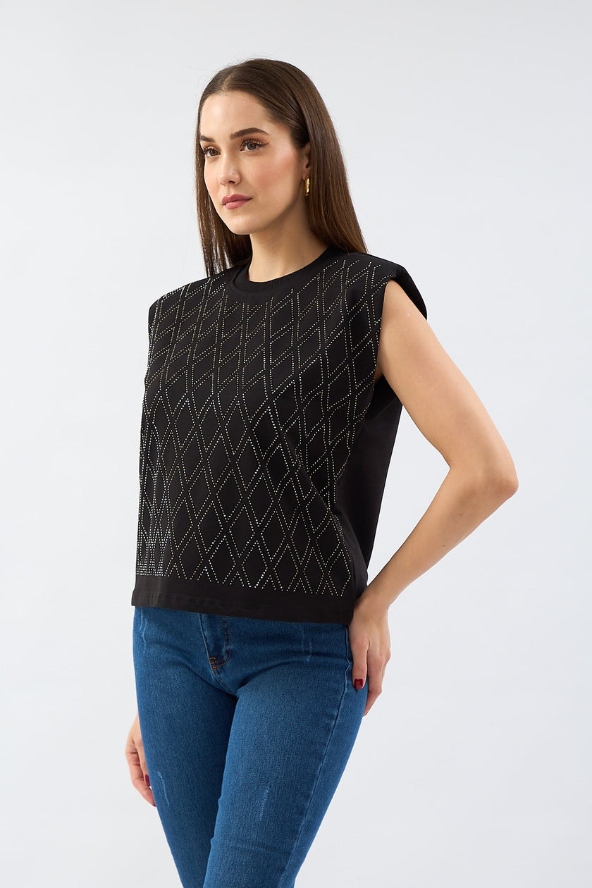 Stone Printed Padded Sleeveless Blouse Black - Lebbse
