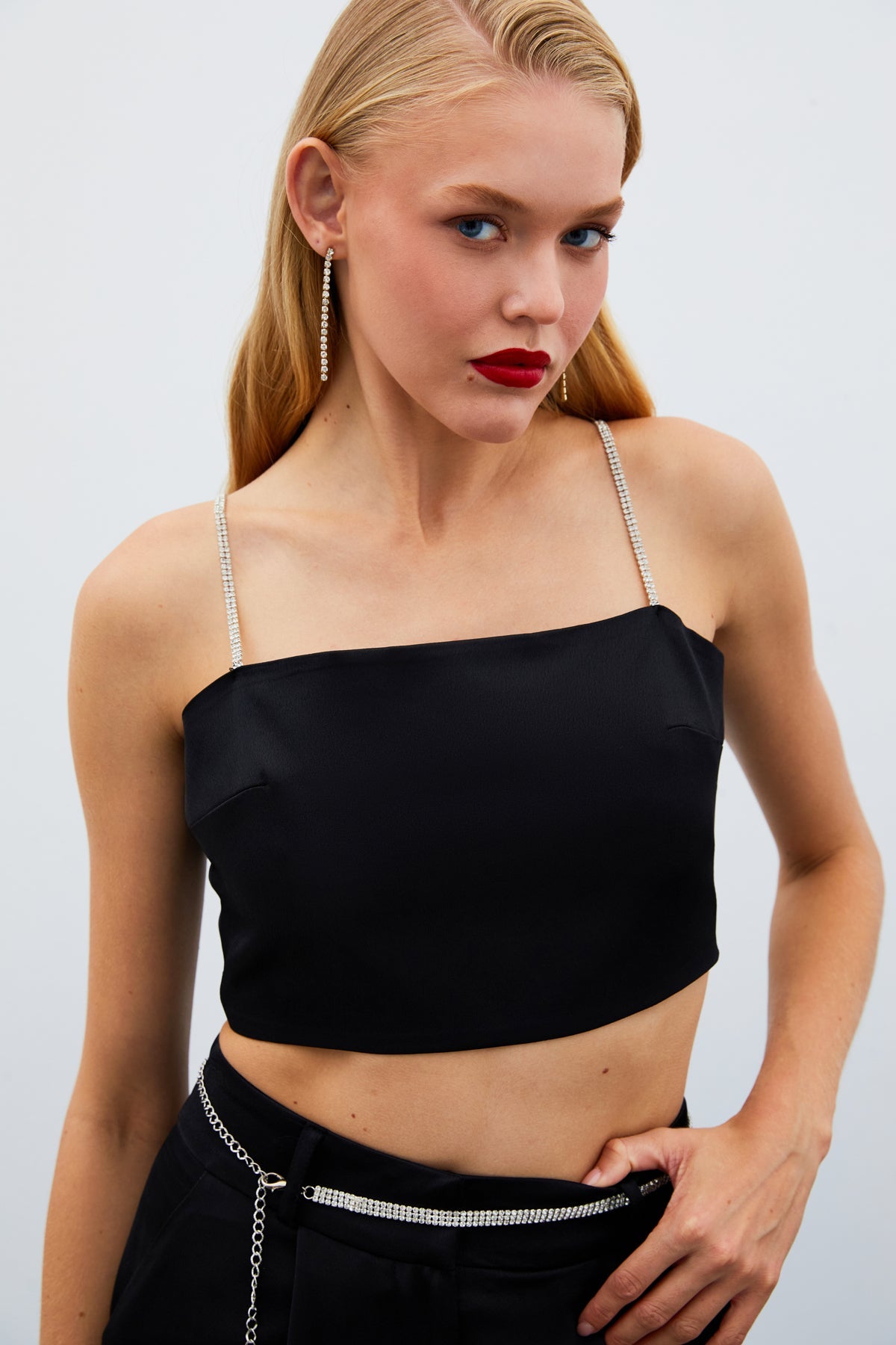 Stone Strap Satin Crop Blouse - BLACK - Lebbse