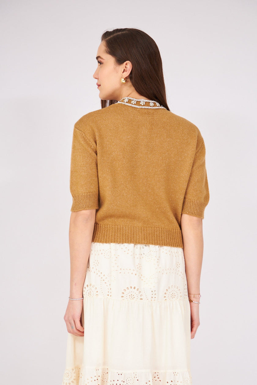 4- كارديجان شتوي بلون كاميل ذات قبة مرصعة - Stoned Collar Cardigan Tobacco Color
