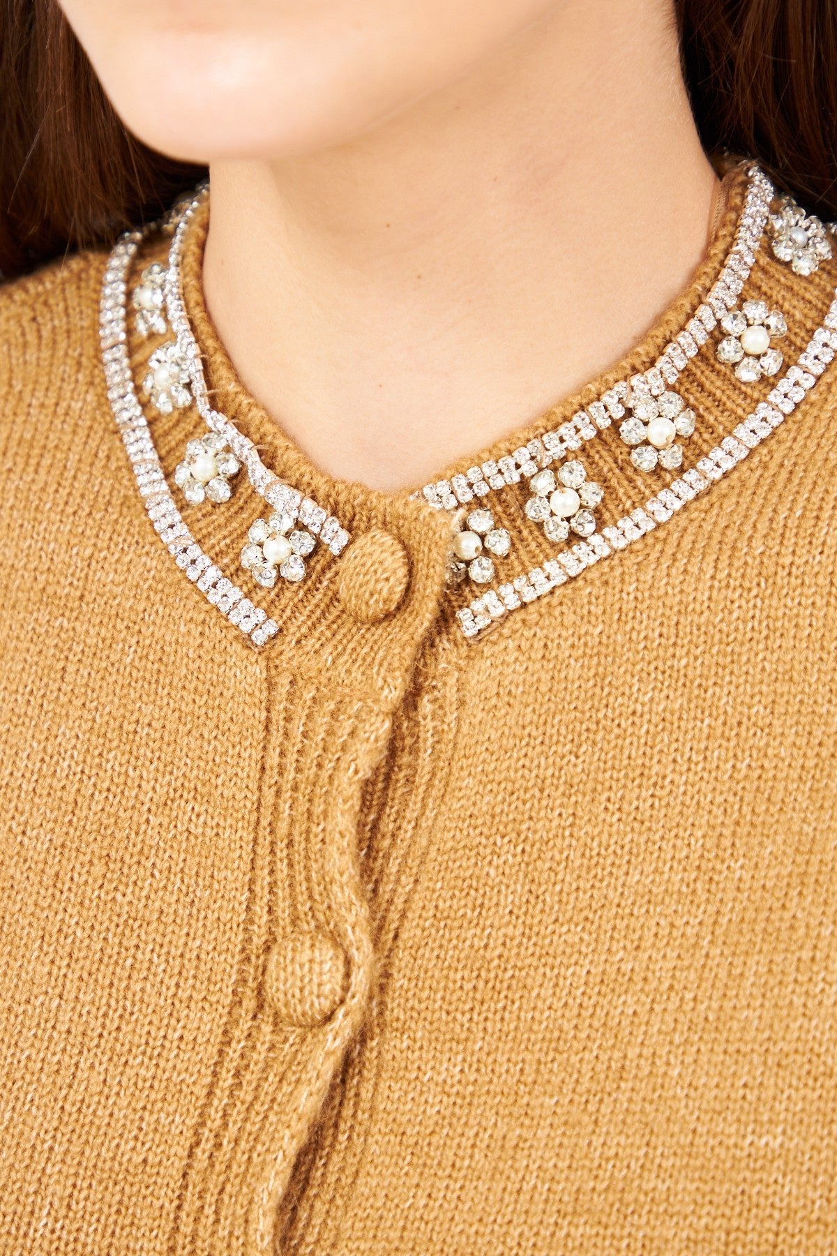 5- كارديجان شتوي بلون كاميل ذات قبة مرصعة - Stoned Collar Cardigan Tobacco Color