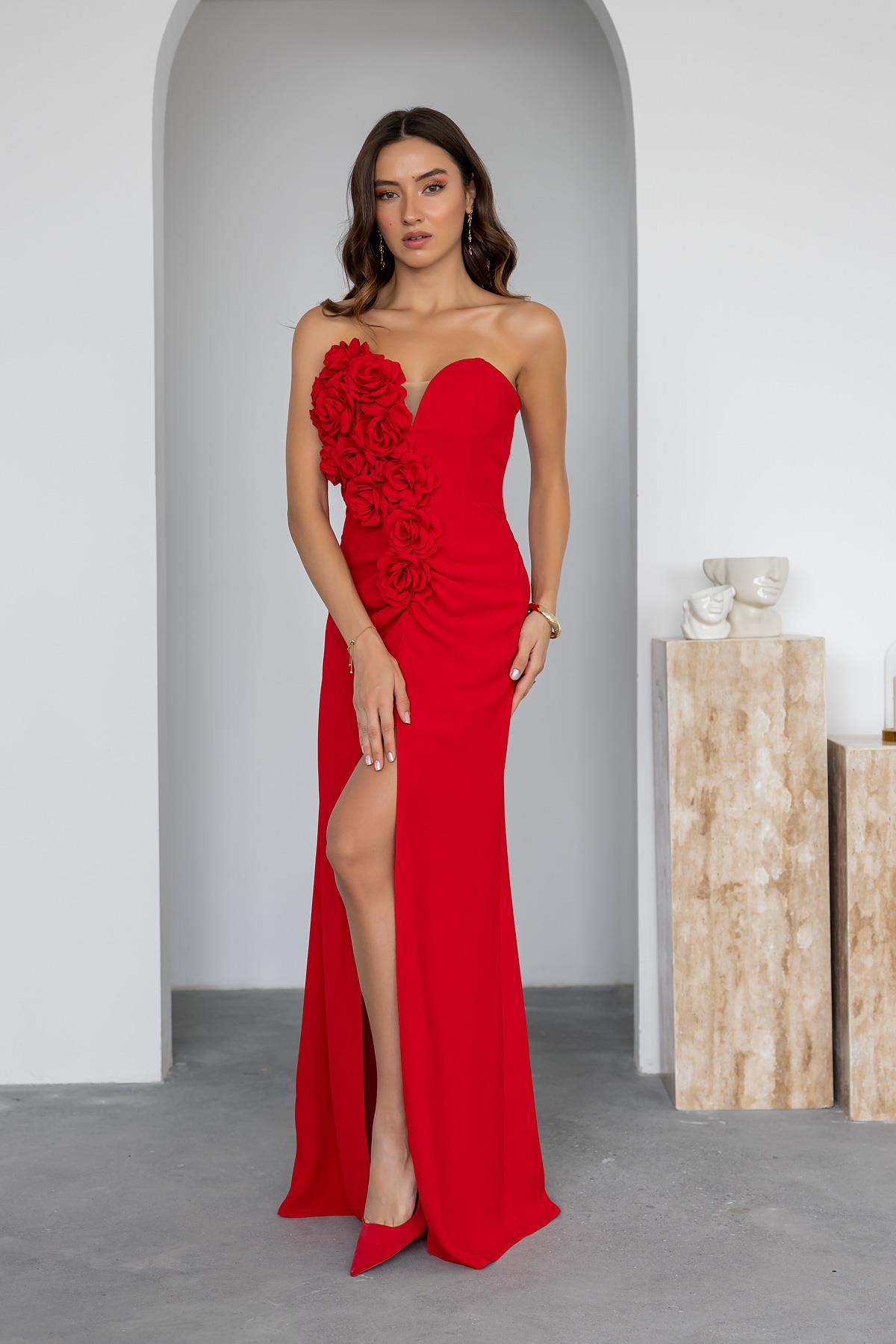 Strapless Chest Design Evening Dress - RED - Lebbse